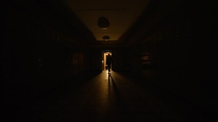 In a dimly lit hallway, a shadowy silhouette in the doorway creates an eerie atmosphere
