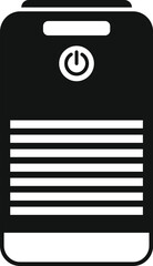 Black vector icon depicting a personal computer tower with a power button, suitable for techthemed graphics