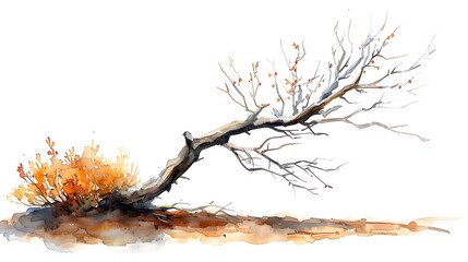 Withered Tree Branch in Watercolor Landscape on White Background