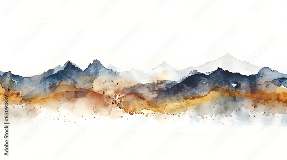 Poster watercolor landscape with hazy mountains and abstract terrain on isolated white background