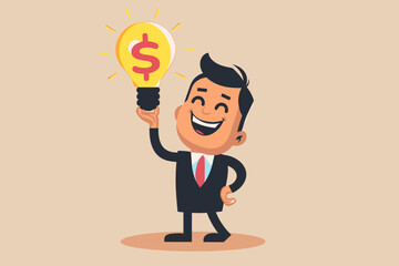 Happy Businessman with Bright Lightbulb Idea and Dollar Sign, Symbolizing Profiting from Innovation