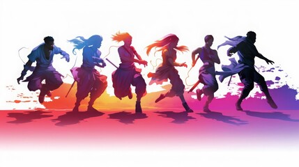 Animeinspired characters practicing martial arts, Fantasy, Vibrant colors, Digital art, Dynamic workoutwhite background,