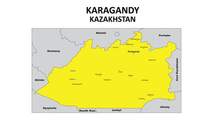 Karagandy Map. District map of Kazakhstan in color with Capital. District boundaties of Karagandy