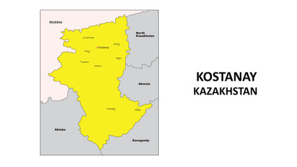 Obraz premium Kostanay Map. District map of Kazakhstan in color with Capital. District boundaties of Kostanay