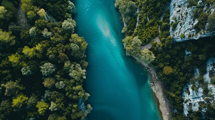 a bird's eye view of a river in the middle of the forest, a wonderful sight as it meanders through the trees. Generated by AI
