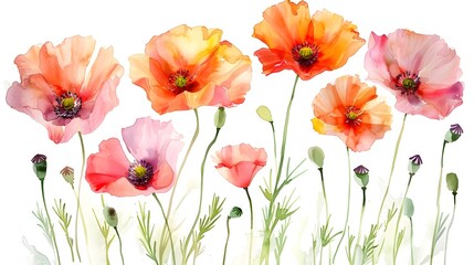 Bold and Vibrant Watercolor Poppies Blooming against a Soft White Backdrop