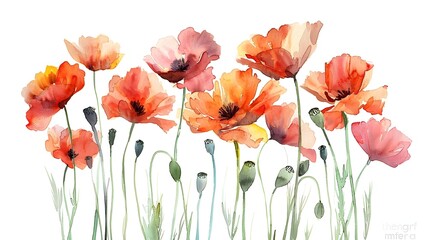Obraz premium Bold and Vibrant Watercolor Poppies Blooming on a White Background
