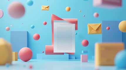 Colorful abstract 3D composition with floating paper, envelopes, and geometric shapes on a blue background.