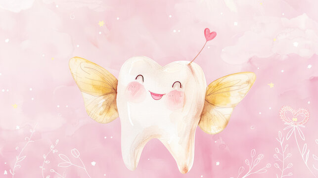 Cute smiling Little Baby Tooth with wings on pink background, watercolor Illustration. Happy Tooth Fairy day card. Concept of dental treatment and oral hygiene. cartoon tooth fairy