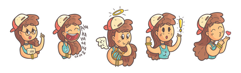 Cute Teenage Girl in Cap with Different Facial Expression Vector Set