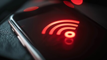 Glowing Red WiFi Signal on Smartphone Screen. Generative ai.