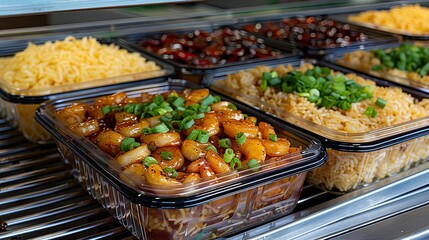 A variety of Asian food is displayed in clear plastic containers