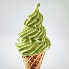 Matcha soft serve ice cream in a waffle cone. Generative ai.