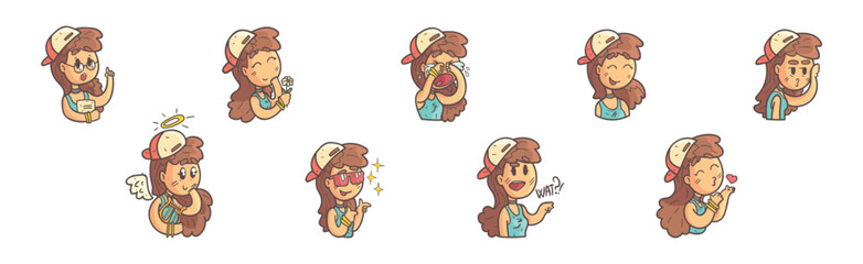 Fototapeta premium Cute Teenage Girl in Cap with Different Facial Expression Vector Set