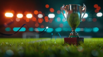 Trophy on a sports field with vibrant stadium lights in the background. Generative ai.