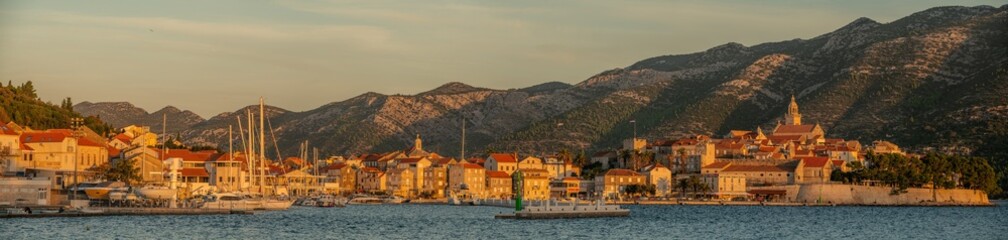 A wide panorama of the chistorical town of Korcula on the island of Korcula, Croatia