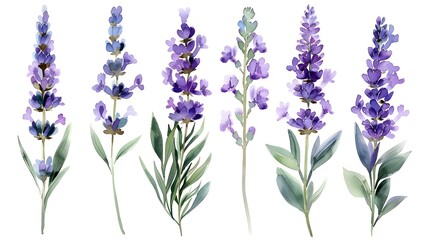 Naklejka premium Delicate Watercolor Painting of Fragrant Lavender Sprigs against Pristine White Background