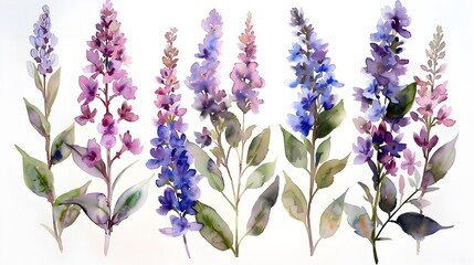 Delicate Watercolor Paintings of Lush Lilac Sprigs in Various Colors on White Background