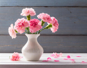 pink and white carnation in vase on wooden table. Mother's day background with copy space