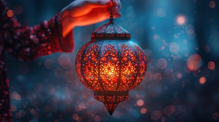 Obraz premium Celebration of islamic eid mubarak and eid al adha lantern in a light background. 