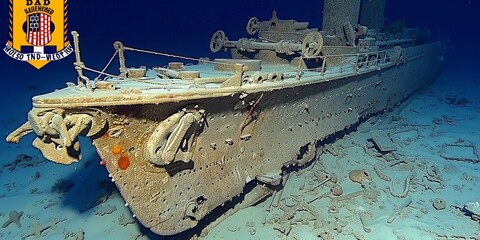 A shipwreck is shown in the water with a banner in the background that says "Bad