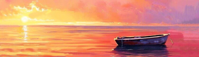 Serene sunset over calm waters with an empty rowboat floating peacefully, surrounded by vibrant colors of the setting sun and tranquil sea.