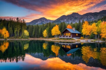 Fototapeta premium Lakeside getaway embraced by the serenity of autumn. A picturesque autumn landscape.