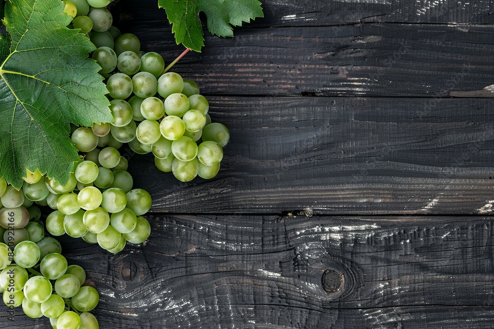 Wall mural Gray-green grapes on a black wooden surface. place for text. View from above.  - Wall murals