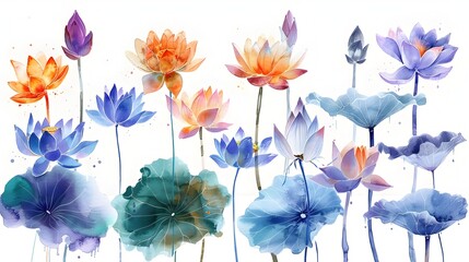 Graceful Watercolor Paintings of Blooming Lotus Flowers on White Wet Background with Serene Natural Beauty and Floral Patterns