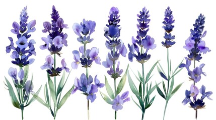 Naklejka premium Lush clusters of vibrant purple lavender flowers against a serene white backdrop