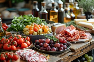 Fototapeta premium An array of charcuterie, cheese, and fresh fruits beautifully displayed on a wooden board