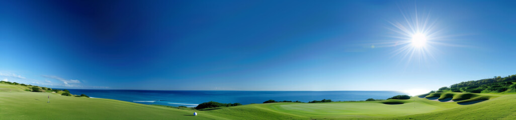 Fototapeta premium A resort golf course by the sea, on a beautiful sunny day. A long hole by the sea shore. Generative AI. 