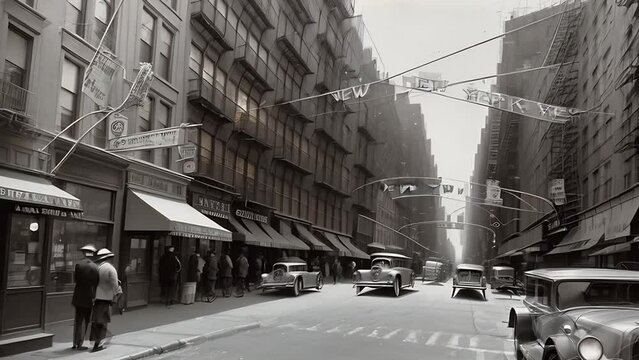 Animated time travel on street of New York from 1820s to cyberpunk city. Generative AI animation