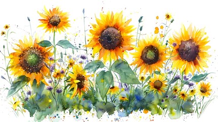 Sun Dappled Watercolor Sunflowers on White Backdrop