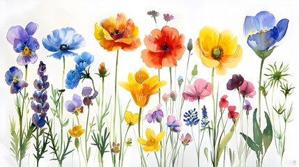 Fototapeta premium Vibrant and Colorful Assortment of Blooming Flowers in Meadow Landscape Capturing the Beauty and Essence of Nature s Flourishing Springtime Display