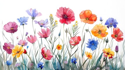 Fototapeta premium Vibrant and Colorful Floral Arrangement in Meadow Setting with Blooming Flowers and Greenery for Nature Inspired Design Concept