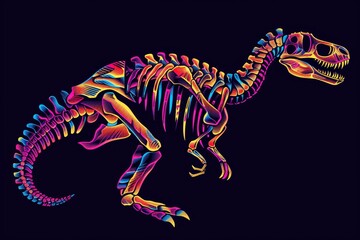 Radiant pink blue purple neon holograms depict skeletal dinosaur silhouettes, showcasing the fusion...