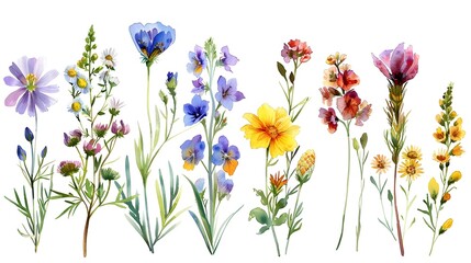 Obraz premium Vibrant Botanical of Colorful Meadow Flowers and Blossoming Plants in Watercolor Inspired Style