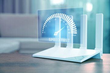 Speed test. Virtual screen over Wi-Fi router on wooden table