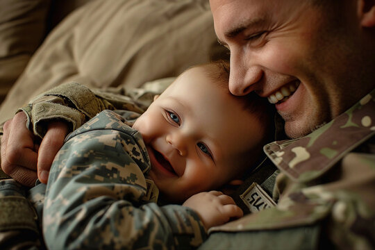 Generative AI image of male soldier returning from war or army embrace his baby