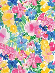 Vibrant floral pattern featuring a variety of colorful flowers and leaves. The design includes shades of pink, yellow, blue, and green, generated with AI