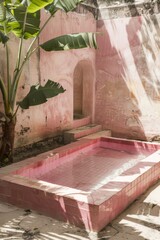 In-ground pool with pink tiles and small grass garden, morning sun, generated with AI
