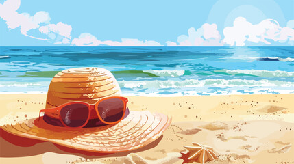 Fototapeta na wymiar Hat with beautiful sunglasses on sand near sea closeu