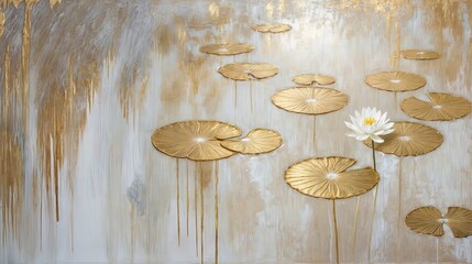 Abstract painting Golden Pond with Beautiful Waterlilies, gold leafing, ethereal textures, minimalist, gold and silver filaments, encaustic