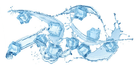 Ice cubes and splashing water in air on white background