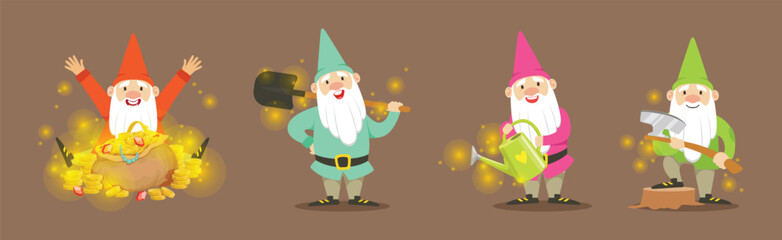Garden Fairy Gnome Character with Sparkling Lights Vector Set