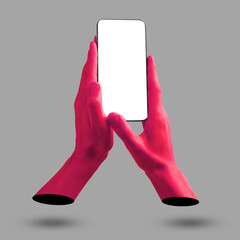 Man holding phone with empty screen in hands on grey background, closeup. Art collage
