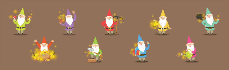 Garden Fairy Gnome Character with Sparkling Lights Vector Set