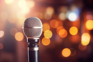 Generative AI illustration motivational speaker with microphone in hand in front of audience at conference room