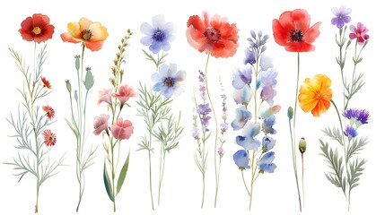 Fototapeta premium Vibrant Floral Bouquet of Various Colorful Blooming Flowers in Watercolor Style